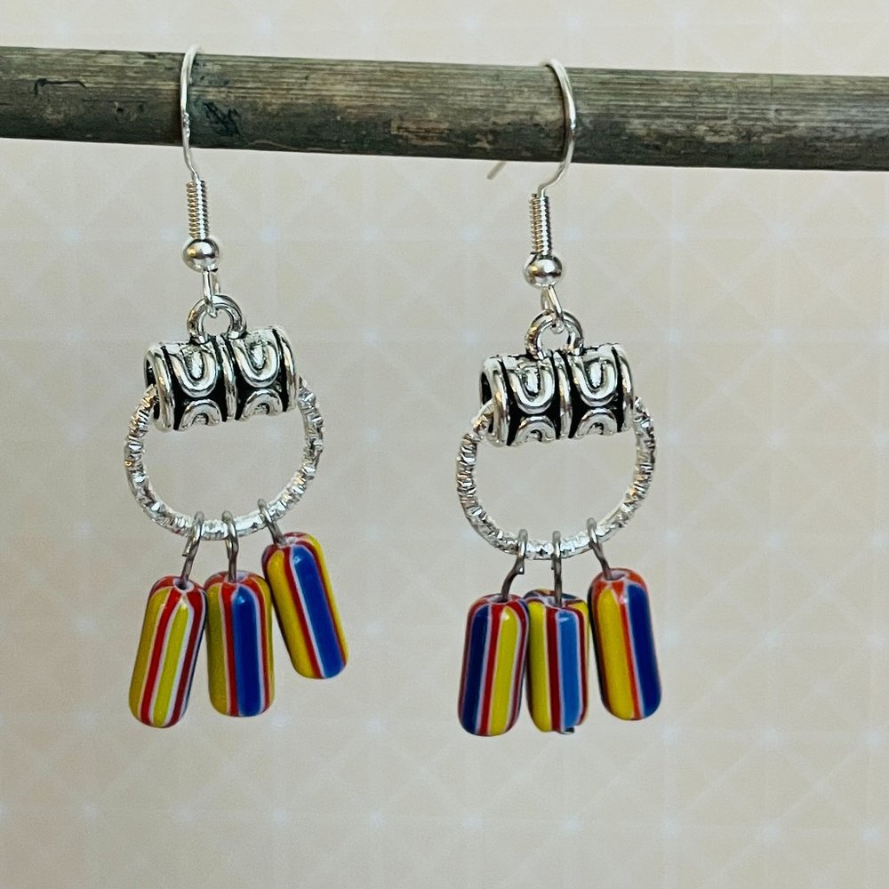 Artisan Hippie Striped Handmade Beaded Dangle Drop Pierced Earrings 2” NEW